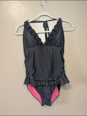 Joe Boxer Black and Hot Pink Ruffle-Trim One-Piece